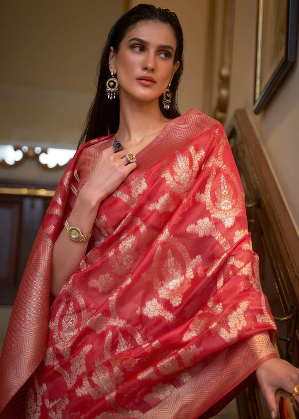 Crimson Red Two Tone Handloom Woven Organza Silk Saree Clothsvilla