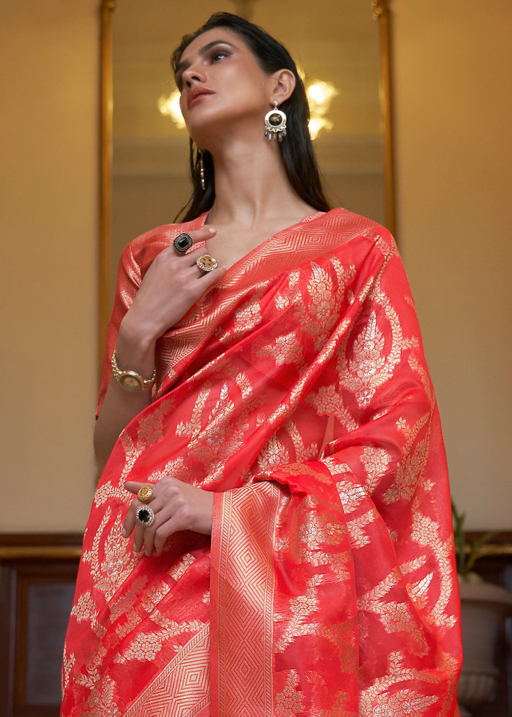 Crimson Red Two Tone Handloom Woven Organza Silk Saree Clothsvilla