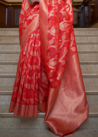 Crimson Red Two Tone Handloom Woven Organza Silk Saree Clothsvilla