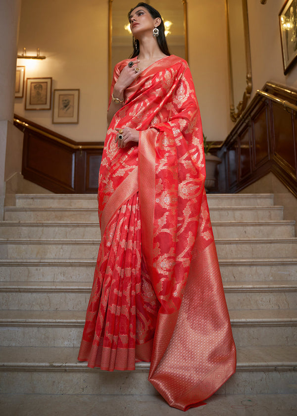 Crimson Red Two Tone Handloom Woven Organza Silk Saree Clothsvilla