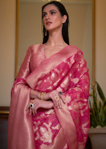 Hot Pink Two Tone Handloom Woven Organza Silk Saree Clothsvilla