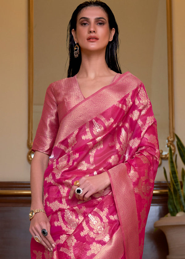 Hot Pink Two Tone Handloom Woven Organza Silk Saree Clothsvilla