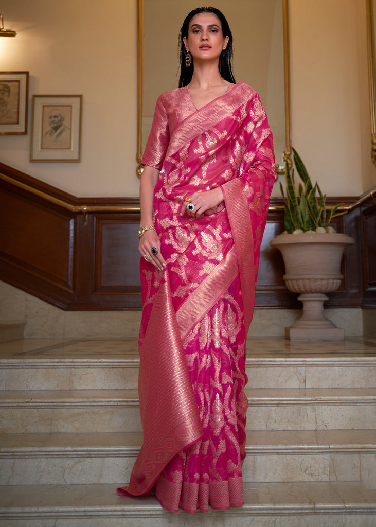 Hot Pink Two Tone Handloom Woven Organza Silk Saree Clothsvilla