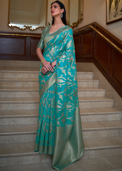 Shades Of Blue Two Tone Handloom Woven Organza Silk Saree Clothsvilla Main image
