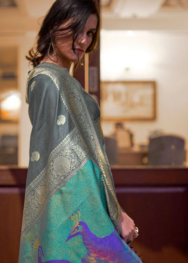 Lead Grey Woven Chanderi Banarasi Fusion Silk Saree Clothsvilla