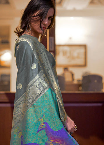 Lead Grey Woven Chanderi Banarasi Fusion Silk Saree Clothsvilla