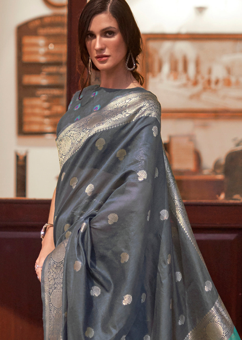 Lead Grey Woven Chanderi Banarasi Fusion Silk Saree Clothsvilla