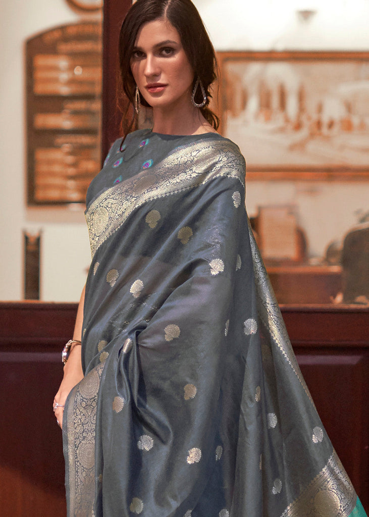 Lead Grey Woven Chanderi Banarasi Fusion Silk Saree Clothsvilla