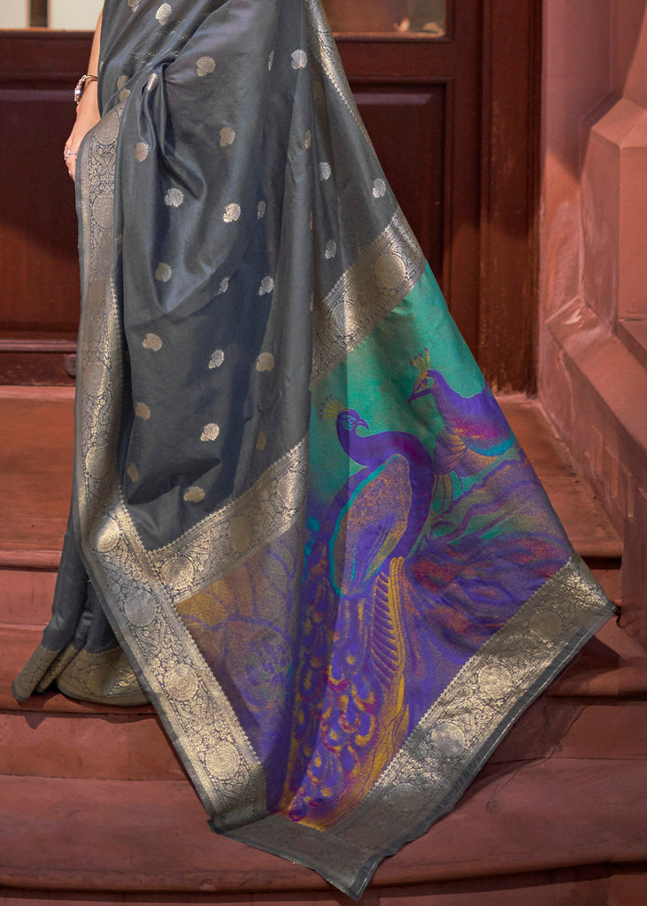 Lead Grey Woven Chanderi Banarasi Fusion Silk Saree Clothsvilla