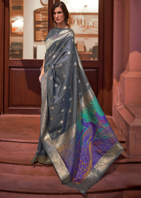 Lead Grey Woven Chanderi Banarasi Fusion Silk Saree Clothsvilla Main image