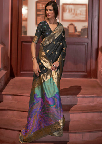 Midnight Black Woven Chanderi Banarasi Fusion Silk Saree Clothsvilla