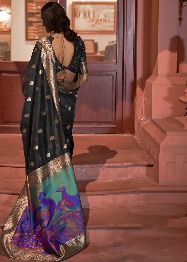 Midnight Black Woven Chanderi Banarasi Fusion Silk Saree Clothsvilla