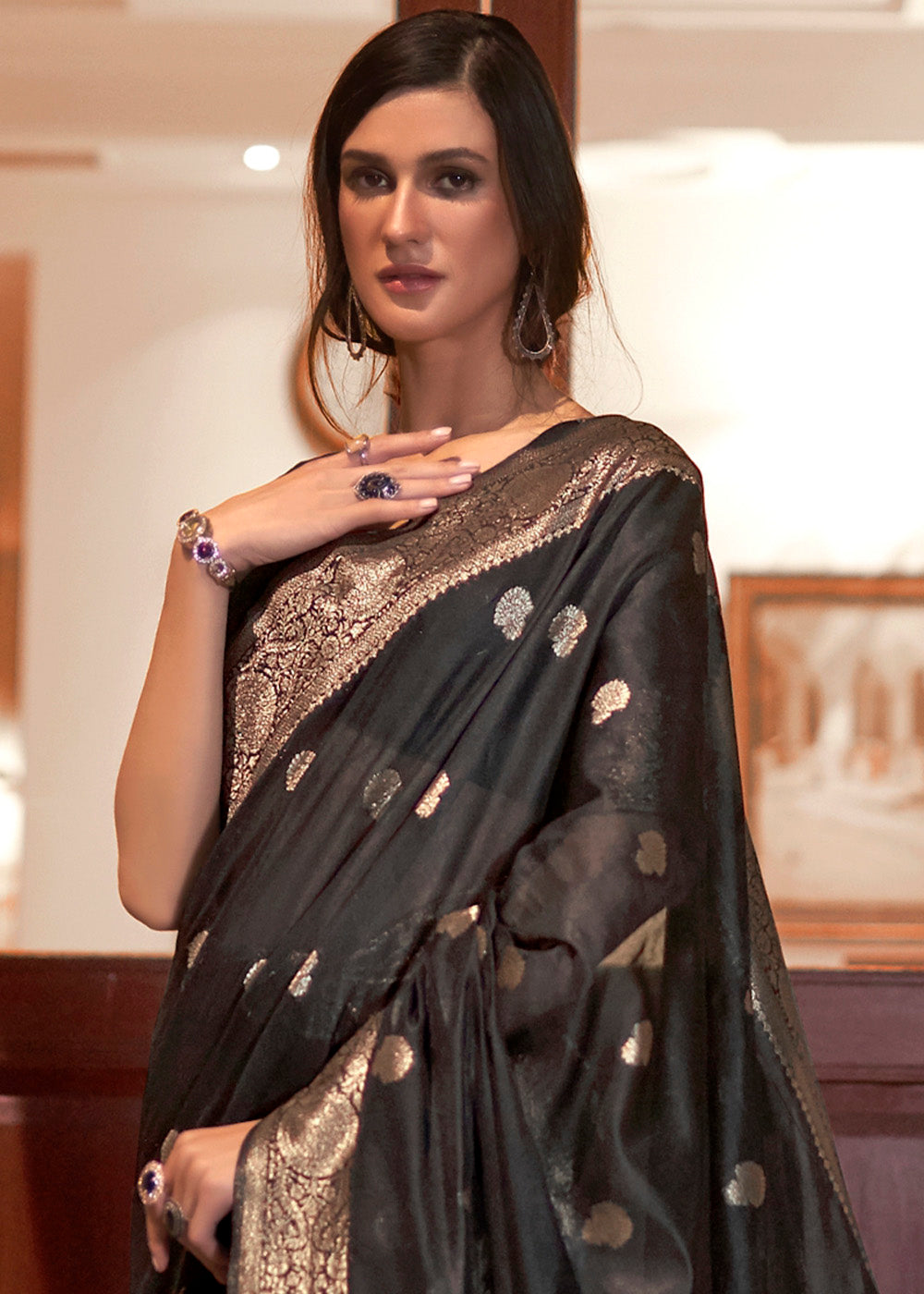 Midnight Black Woven Chanderi Banarasi Fusion Silk Saree Clothsvilla