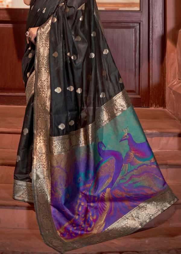Midnight Black Woven Chanderi Banarasi Fusion Silk Saree Clothsvilla