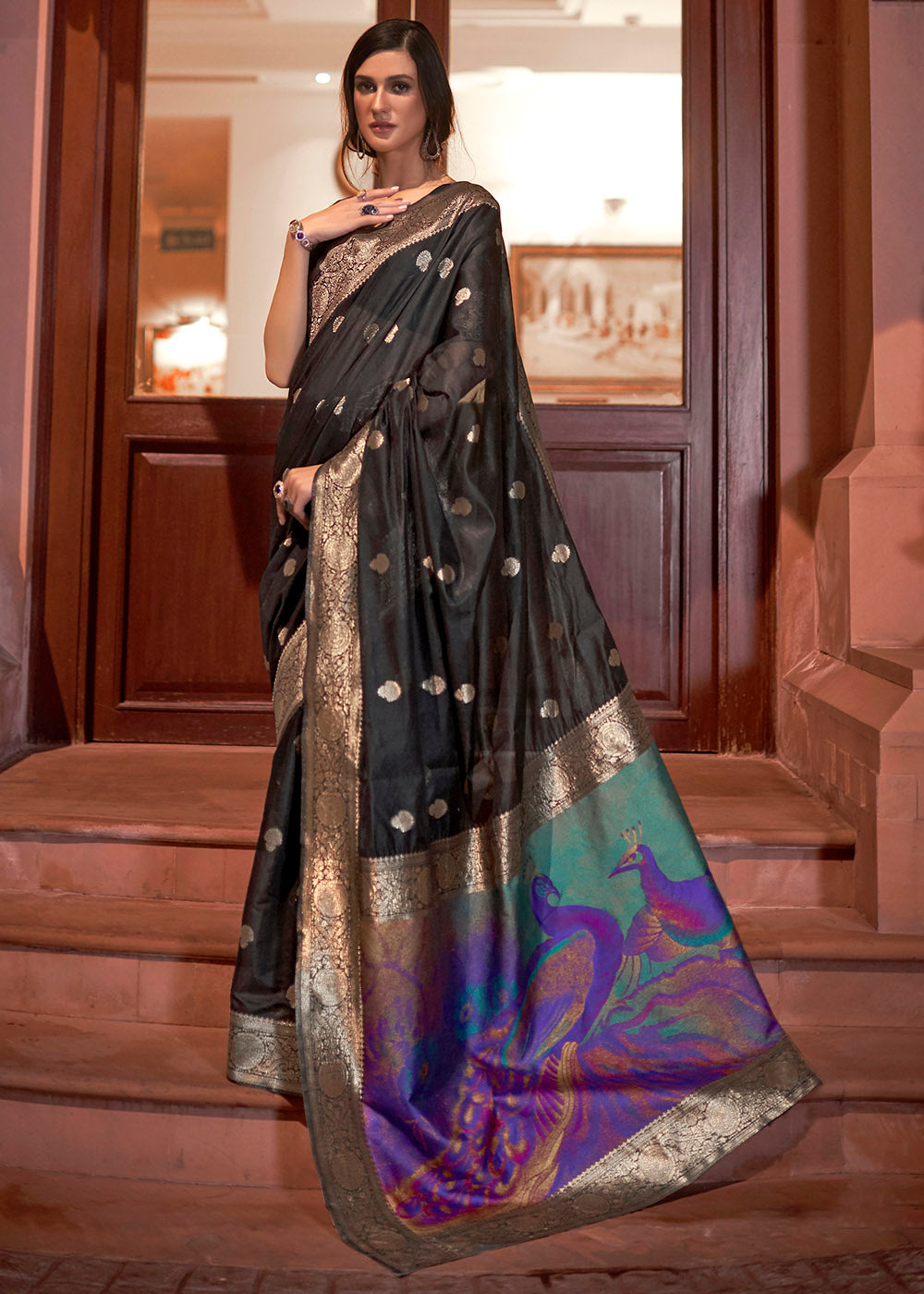 Midnight Black Woven Chanderi Banarasi Fusion Silk Saree Clothsvilla Main image