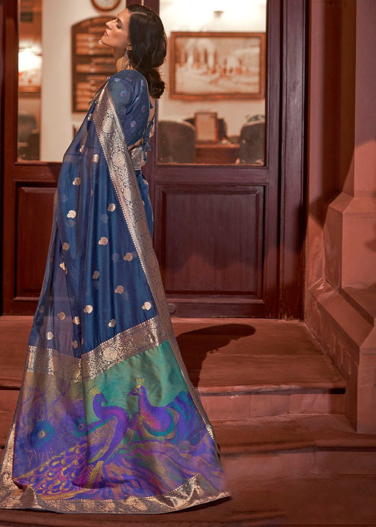 Space Blue Woven Chanderi Banarasi Fusion Silk Saree Clothsvilla