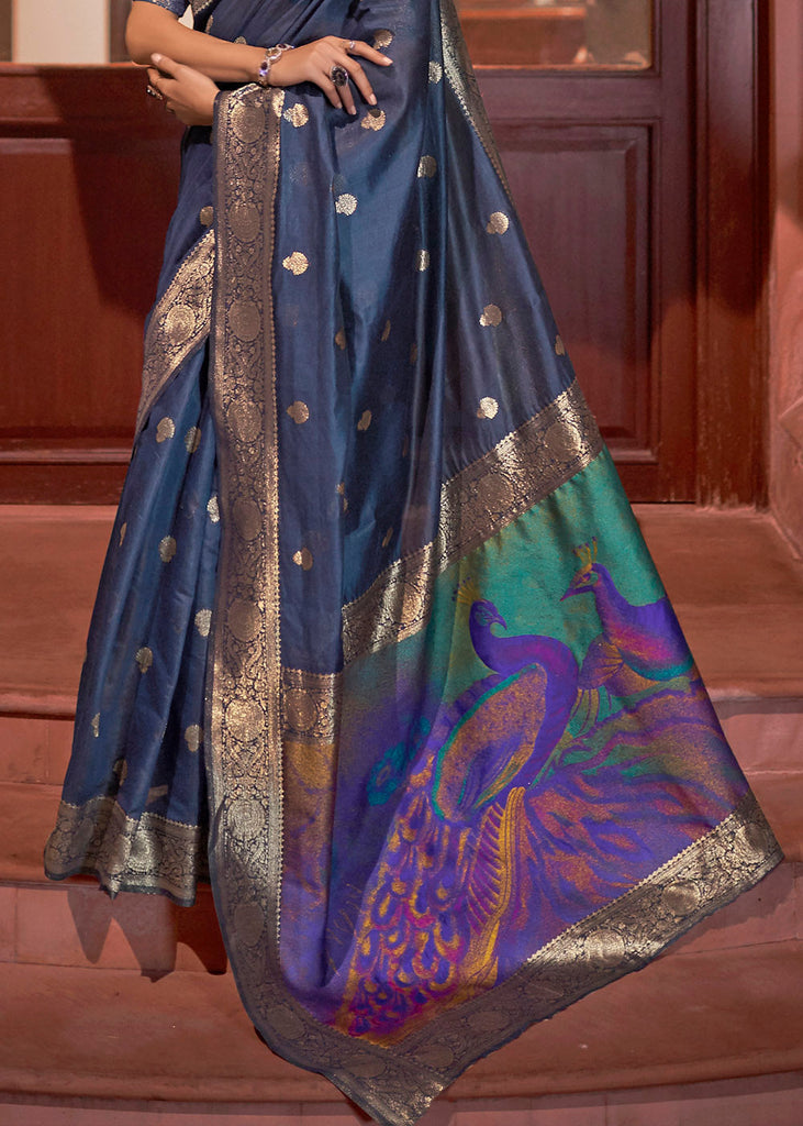 Space Blue Woven Chanderi Banarasi Fusion Silk Saree Clothsvilla