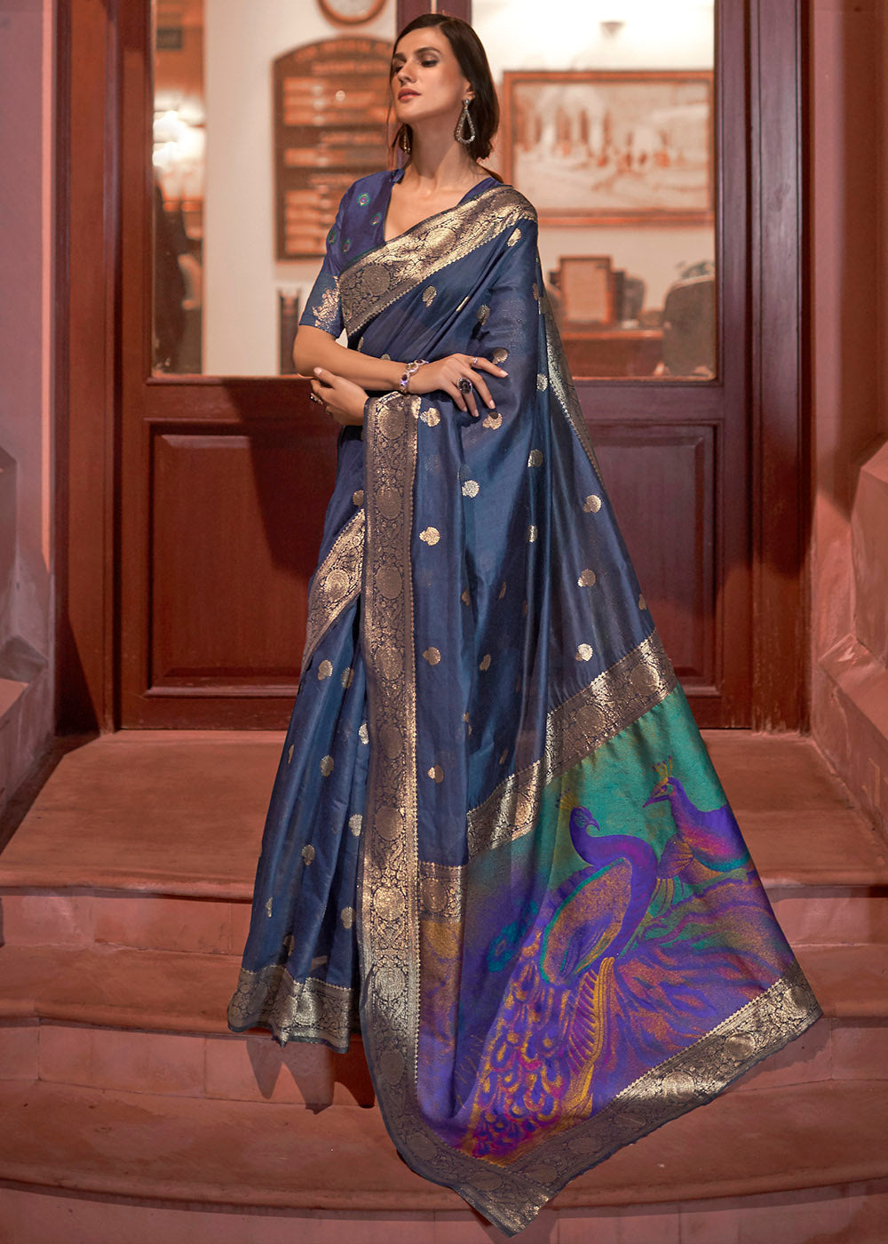 Space Blue Woven Chanderi Banarasi Fusion Silk Saree Clothsvilla Main image