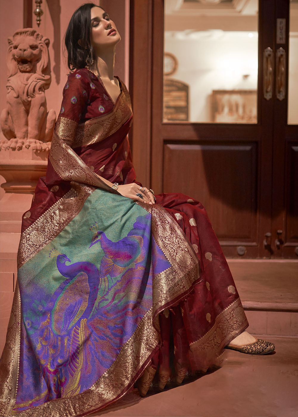 Currant Red Woven Chanderi Banarasi Fusion Silk Saree Clothsvilla