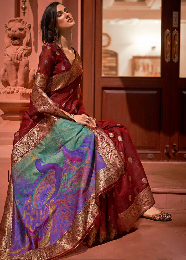 Currant Red Woven Chanderi Banarasi Fusion Silk Saree Clothsvilla