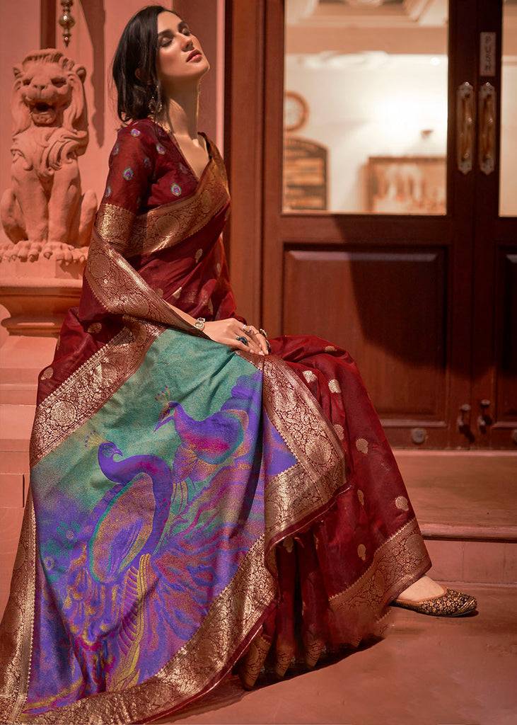 Currant Red Woven Chanderi Banarasi Fusion Silk Saree Clothsvilla