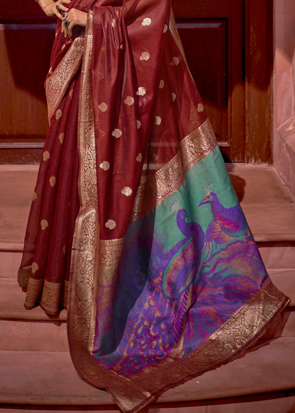 Currant Red Woven Chanderi Banarasi Fusion Silk Saree Clothsvilla