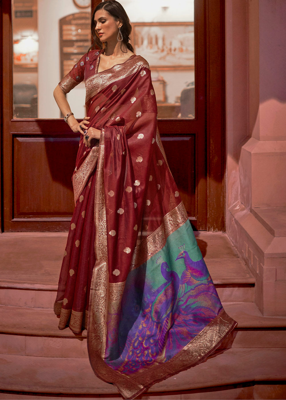 Currant Red Woven Chanderi Banarasi Fusion Silk Saree Clothsvilla Main image