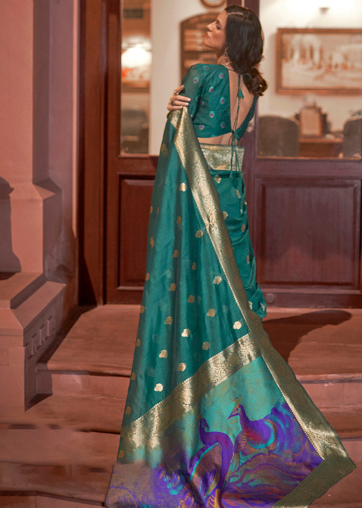 Arabian Green Woven Chanderi Banarasi Fusion Silk Saree Clothsvilla