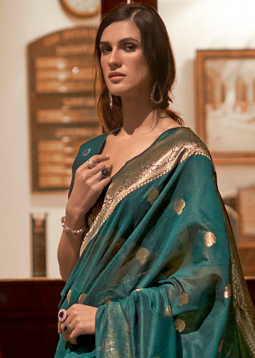 Arabian Green Woven Chanderi Banarasi Fusion Silk Saree Clothsvilla