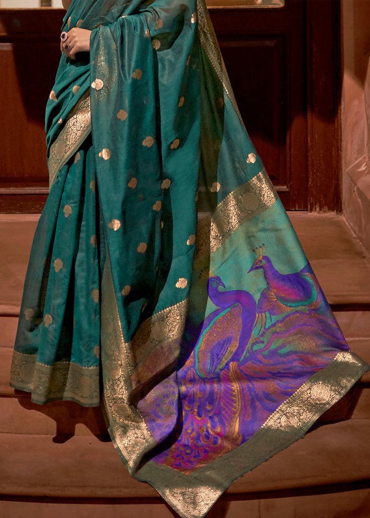Arabian Green Woven Chanderi Banarasi Fusion Silk Saree Clothsvilla