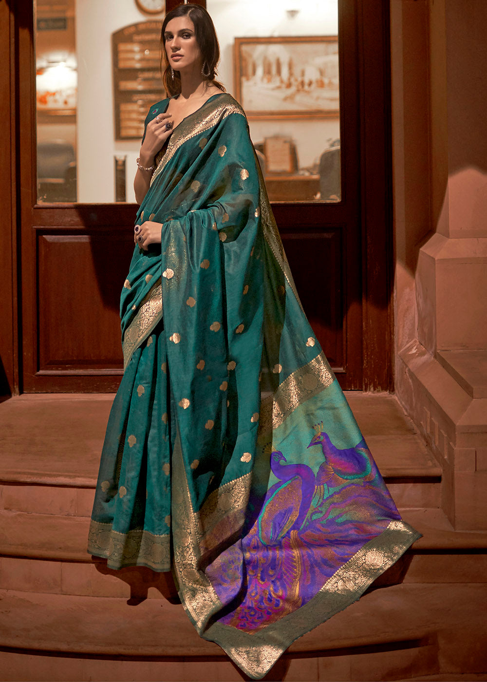 Arabian Green Woven Chanderi Banarasi Fusion Silk Saree Clothsvilla Main image