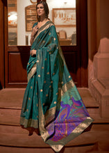 Load image into Gallery viewer, Arabian Green Woven Chanderi Banarasi Fusion Silk Saree Clothsvilla