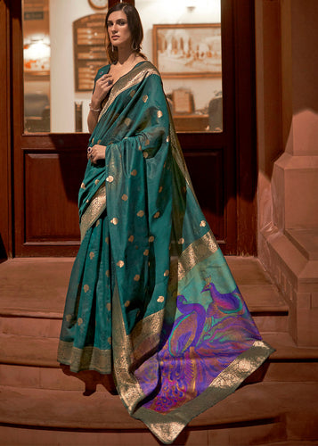 Arabian Green Woven Chanderi Banarasi Fusion Silk Saree Clothsvilla
