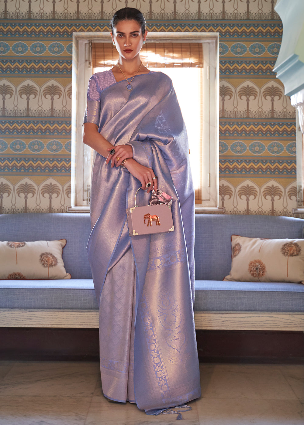 Metallic Lavender Blue Soft Handloom Weave Kanjivaram Silk Saree : Top Pick Clothsvilla Main image