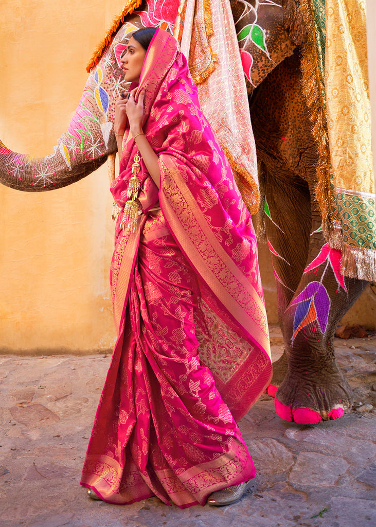 Peony Pink Handloom Weave Soft Banarasi Silk Saree Clothsvilla