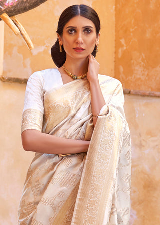 Ivory White Handloom Weave Soft Banarasi Silk Saree Clothsvilla