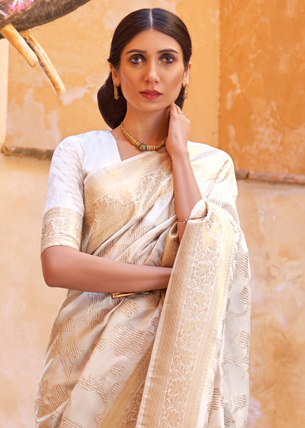 Ivory White Handloom Weave Soft Banarasi Silk Saree Clothsvilla