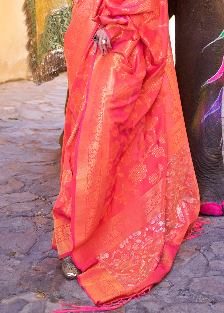 Fiery Rose Pink Handloom Weave Soft Banarasi Silk Saree Clothsvilla