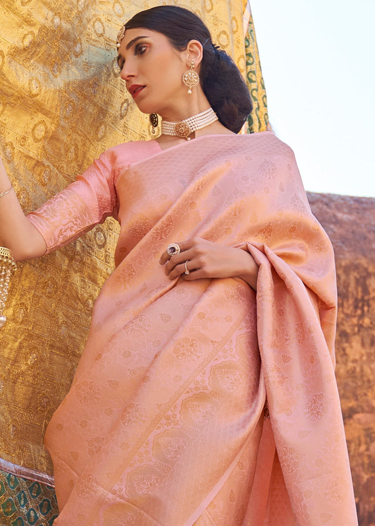 Light Coral Pink Soft Handloom Weave Kanjivaram Silk Saree Clothsvilla