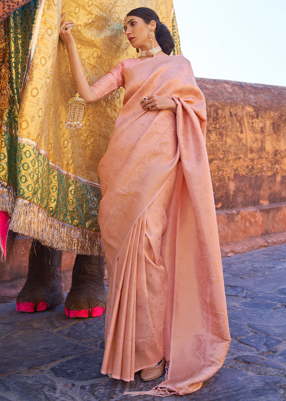 Light Coral Pink Soft Handloom Weave Kanjivaram Silk Saree Clothsvilla