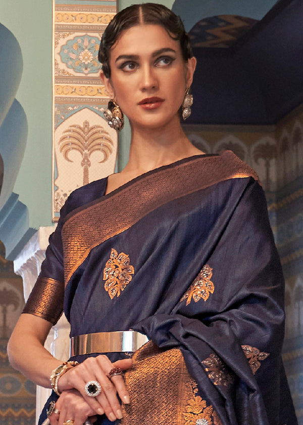 Denim Blue Copper Zari Woven Tussar Silk Saree Clothsvilla
