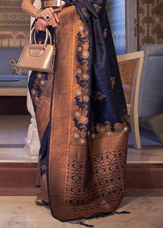 Denim Blue Copper Zari Woven Tussar Silk Saree Clothsvilla