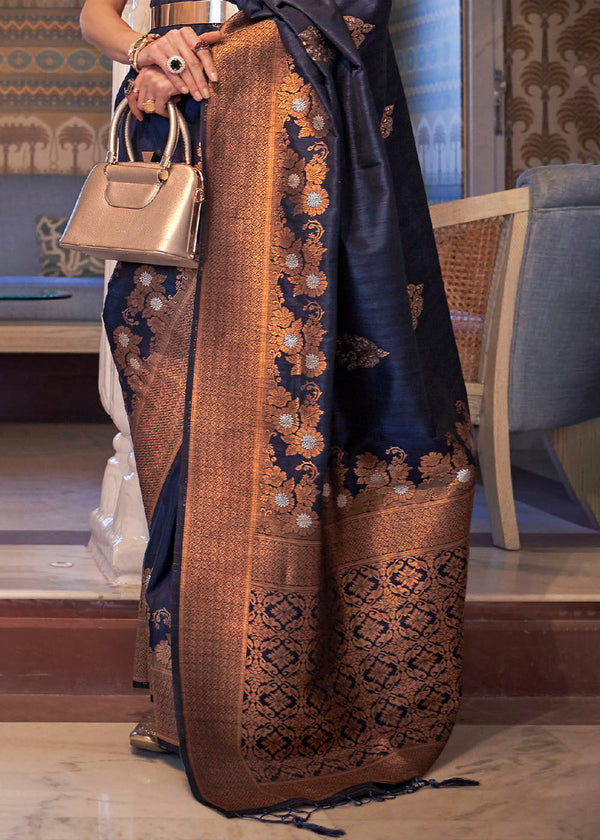 Denim Blue Copper Zari Woven Tussar Silk Saree Clothsvilla
