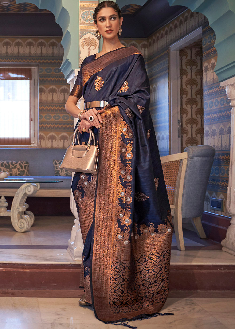 Denim Blue Copper Zari Woven Tussar Silk Saree Clothsvilla Main image