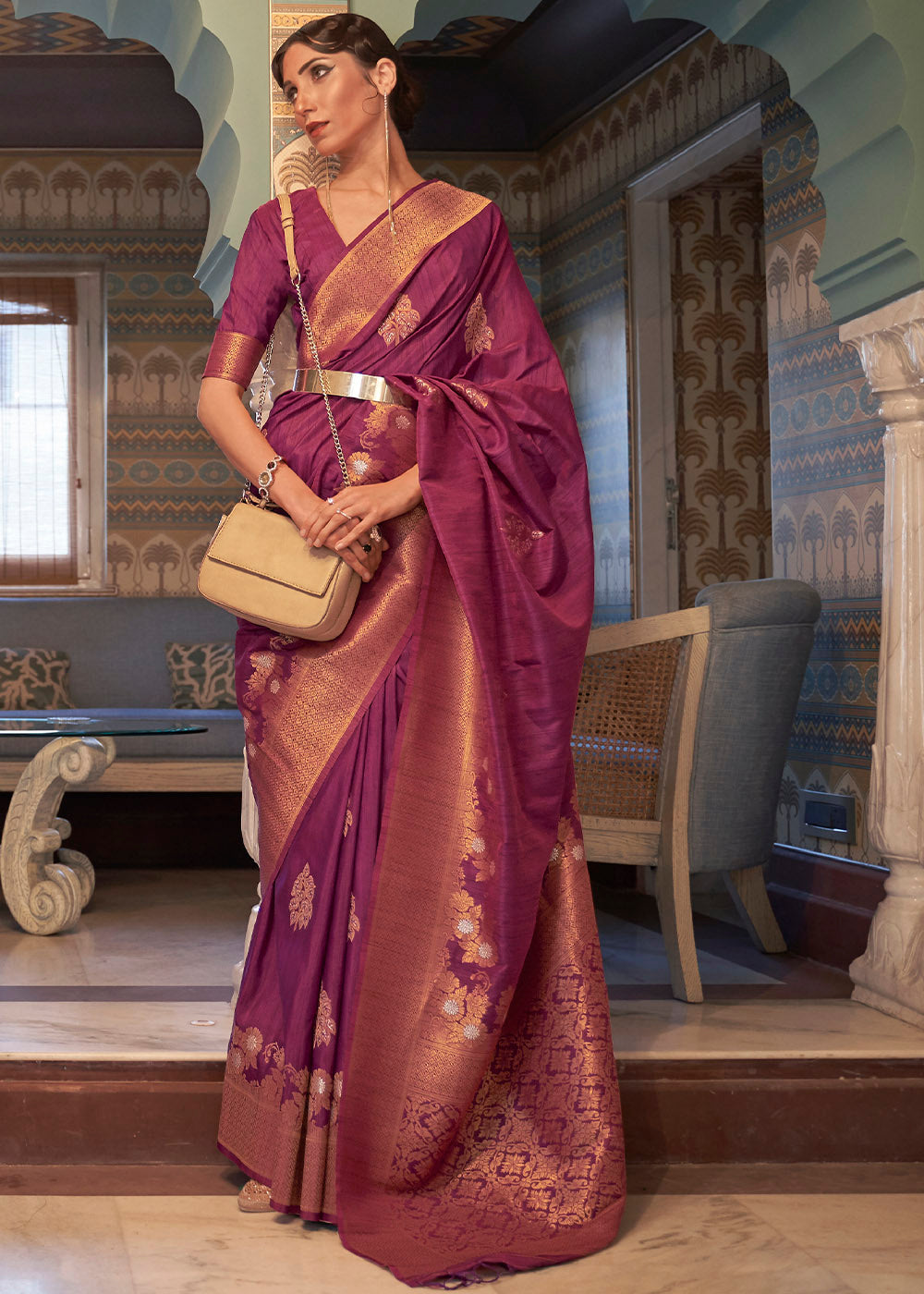 Jam Purple Copper Zari Woven Tussar Silk Saree Clothsvilla Main image