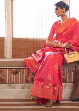 French Pink Copper Zari Woven Tussar Silk Saree Clothsvilla
