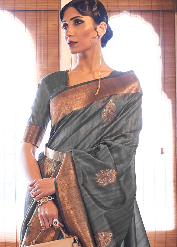 Anchor Grey Copper Zari Woven Tussar Silk Saree Clothsvilla