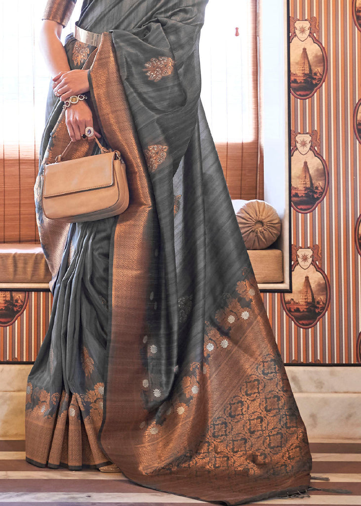 Anchor Grey Copper Zari Woven Tussar Silk Saree Clothsvilla