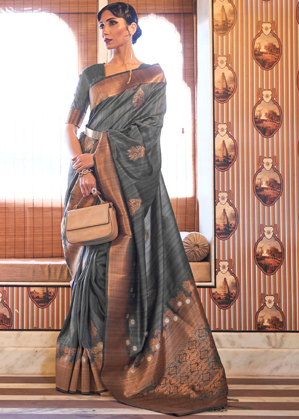 Anchor Grey Copper Zari Woven Tussar Silk Saree Clothsvilla Main image
