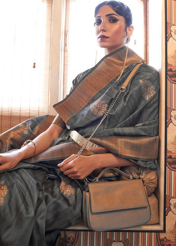 Bottle Green Copper Zari Woven Tussar Silk Saree Clothsvilla